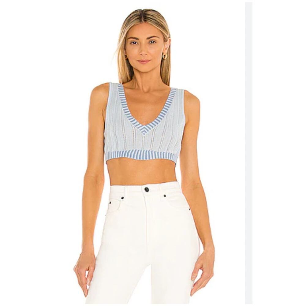 For Love & Lemons Rhea Pointelle Crop Tank in Light Blue Size Medium
